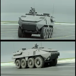 "Check out StrykerX, a futuristic military vehicle designed for the United States by General Dynamics. This Blender 3D model features a sleek grey metal body and a battleaxe, with a style reminiscent of the Akira movie. Perfect for any 3D modeling project in the ground category."