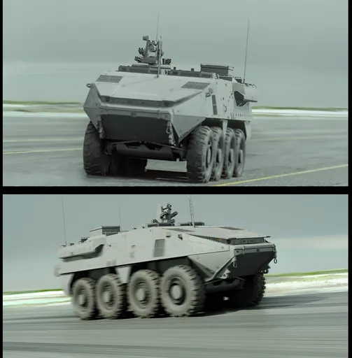 Highly-detailed digital rendering of an APC, StrykerX, modeled in Blender 3D for military enthusiasts.