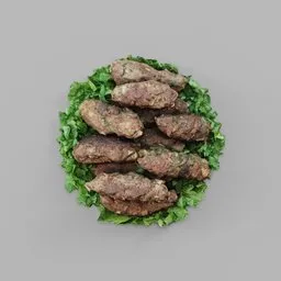 "3D model of a Kebab with Parsley, optimized for Blender 3D software. This Arabian food is rendered in high quality with UV optimization for photogrammetry. A delicious dish, perfect for product display or 3D rendering."