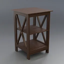 "Wooden end table with 3 shelves and criss-cross pattern on the sides, ideal for Blender 3D. This high resolution table features detailed body shape and Japanese design elements. Perfect for adding warmth and sophistication to any digital space."