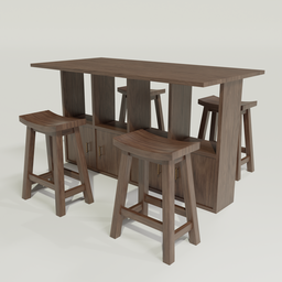 "Bar Counter with Stools: A 3D model for Blender 3D with brown wood cabinets, RTX rendering, and a tall, thin build. Thisset-style counter features four stools and a storage area, perfect for a restaurant or kitchen setting."