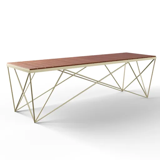 Realistic 3D wooden bench model with geometric steel support designed for Blender rendering, suitable for architectural visualization.