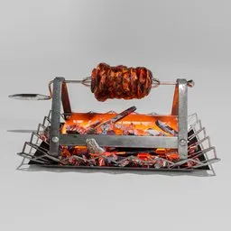 Highly detailed Blender 3D roast model on spit above fire, ideal for medieval scene renders and feast simulations.