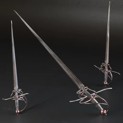 Detailed 3D sword model with intricate hilt and reflective metal texture, suitable for Blender war game assets.