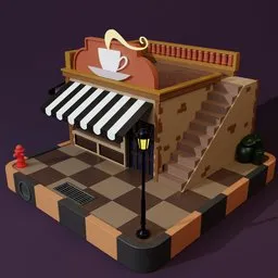 "Exterior of a charming cafe building with a unique lamp post and an iconic espresso machine. This 3D model, created by Francis Souza using Blender 3D, is perfect for motion graphics and mobile game development. Inspired by Rube Goldberg and featuring an anamorphic illustration, it includes props by Vijay Jayant and a sidewalk for added realism."