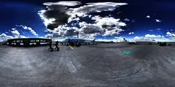 360-degree HDRI panorama of an airport with clouds, tarmac, and people for realistic lighting in 3D scenes.