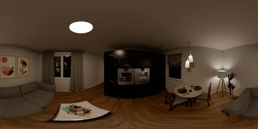 360-degree HDR panorama of a modern apartment with living area and visible kitchen at night, featuring a sleek monochrome design.