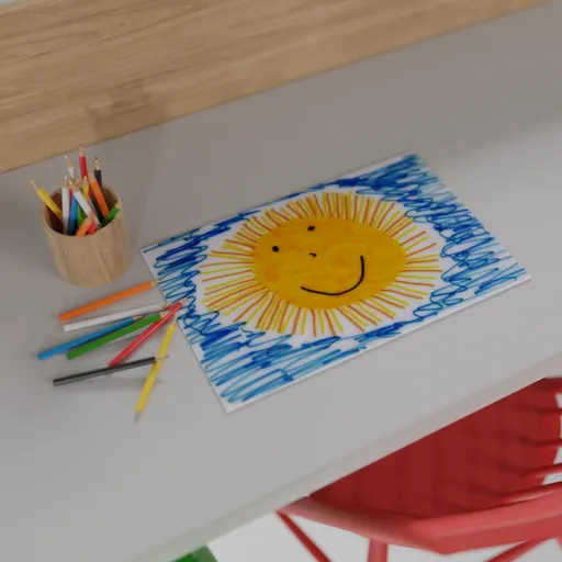 3D render of a colorful sun drawing, crayons around, ideal for Blender 3D artistic scenes.