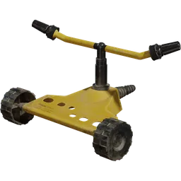 Detailed 3D rendering of a yellow garden sprinkler with wheels, compatible with Blender.