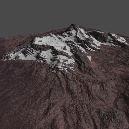 Detailed 3D model showing a snow-capped mountain peak with intricate textures, suitable for Blender rendering.