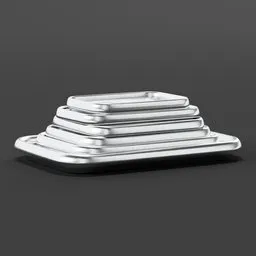 "Simple Rectangular Metal Trays - A visually stunning 3D model in Blender featuring reflective silver trays with an assortment of food, combining elements of 3D iOS interface design, polished steel armor, and retro-futuristic aesthetics. This concept art captures the essence of Edward Ruscha's inspiration with a touch of sophistication from bvlgari, creating a striking visual feast that captivates on Dribbble, Behance, and Coin."