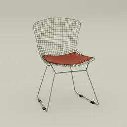 3D-rendered Bertoia-style chair with intricate mesh design and red cushion for Blender modeling.