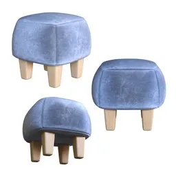 High-quality Blender 3D model of blue fabric poufs with wooden legs in various shapes, perfect for interior design renderings.