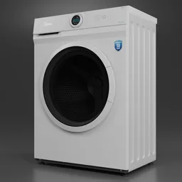 "White Midea Washing Machine MF100W75 3D Model for Blender 3D: Robust and Elegant Baroque Design with Realistic Clothing Render on Grey Surface."
