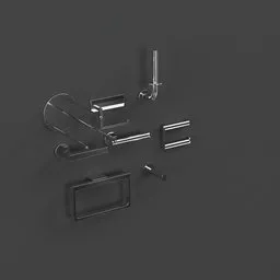 "3D model of a Toilet Paper Holder Set designed for Blender 3D. This ultra-minimalistic set features a black and white bathroom sink and toilet, with cyberpunk-inspired brackets and a modern design. Perfect for adding a touch of style to your virtual bathroom scenes."