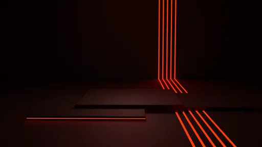 3D rendered scene of a dark studio with striking red neon lights for product showcasing.