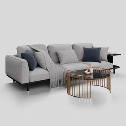 Fabric 3-seater Blender 3D model with pillows, throw, and adjacent minimalist coffee table.