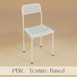 "Contemporary white plastic chair with perforated seat and back, ideal for various settings including bistros, living rooms, and events. Medium poly 3D model rendered with PBR textures and realistic skin color, suitable for use in Blender 3D software. Activate AO for enhanced material effects."