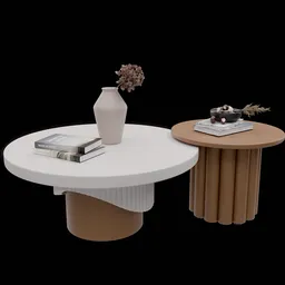 Detailed 3D model of fluted base coffee tables in white and walnut, perfect for Blender 3D renderings.