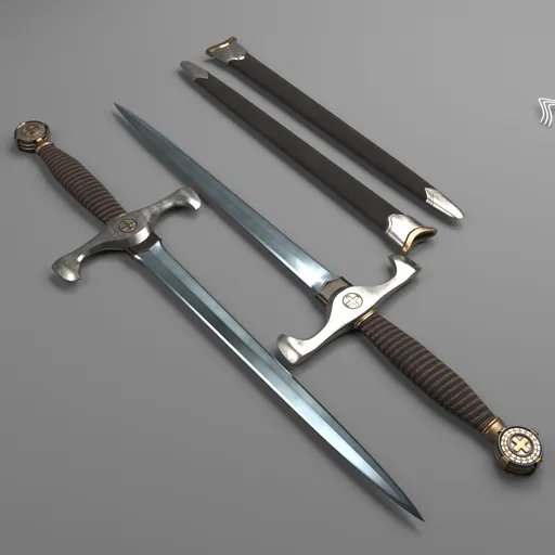 Detailed Blender 3D Templar knight's sword model with sheath and intricate hilt design.
