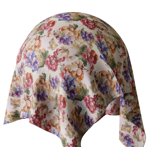 High-resolution Grape Cloth Fabric PBR texture with grape and leaf design for 3D modeling in Blender.
