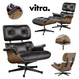 Highly detailed Blender 3D model of a modern leather lounge chair with wooden accents and metal base.