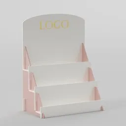 3D model of a white and pink retail display stand with three shelves and space for logo, designed in Blender.