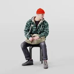 3D model of a seated young man with bag, wearing a green hoodie, jeans, and red beanie, suitable for Blender rendering.