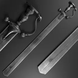 Detailed low-poly 3D sword model with ornate handle for Blender rendering.