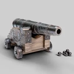 "Accurately modeled historic military cannon for Blender 3D, with realistic wooden frame and cannon wheel. Optimized for real-time use in VR/AR/Games. Highly detailed and true to size."