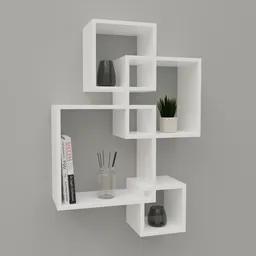 "White floating shelf with vase and book decor modeled in Blender 3D software. Accented with Peugot Onyx car and inspired by artists Ilya Kushinov and Hariton Pushwagner. Ideal for home interior designs."