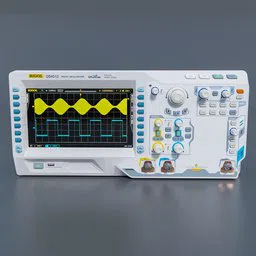 Detailed 3D model of a digital oscilloscope display with intricate controls and vibrant screen graphics, ideal for Blender 3D projects.