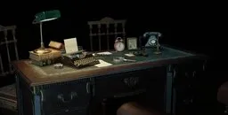 Detailed 3D render of a detective's desk complete with vintage typewriter, phone, and magnifying glass.