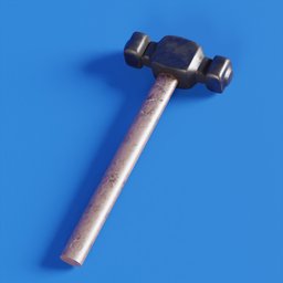 "Three-dimensional photorealistic render of a handtool named 'Bighamer', resembling an old blacksmith hammer, on a blue surface. Ideal for demolition and DIY projects. Created in Blender 3D by Weiwei."
