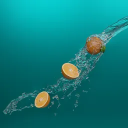 Dynamic 3D render of an orange with splashing water on a teal background, good for creative professionals.
