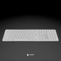 Detailed 3D model of a white wireless keyboard with numeric keypad and Touch ID, compatible with Blender.
