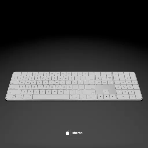 Detailed 3D model of a white wireless keyboard with numeric keypad and Touch ID, compatible with Blender.
