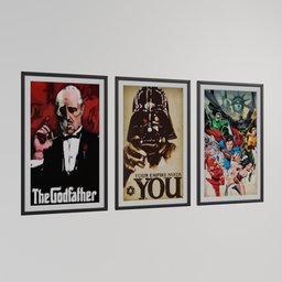 "Movie Frame 3D model for Blender 3D - realistic cinema render featuring framed posters of iconic movie characters such as Godfather, Gandalf, and Darth Vader. Photorealistic room with a touch of unsplash photography, comixology, and artgram. Perfect for adding a cinematic touch to your scene."