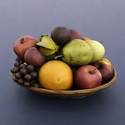 Realistic 3D model of a vibrant fruit bowl with assorted exotic fruits, perfect for Blender 3D kitchen decor.