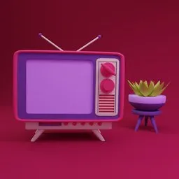 "Colorful vintage TV with plant on table - Blender 3D model for video projects. Rendered in Redshift and designed by Kogan Gengei. Perfect for TV commercial or live broadcast scenes."