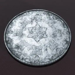 Detailed 3D silver coin model with ornate engravings and 4K textures, rendered using Blender and zBrush.