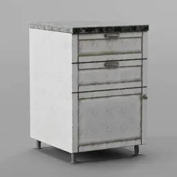 Detailed Blender 3D model of a weathered kitchen storage cabinet with drawers.