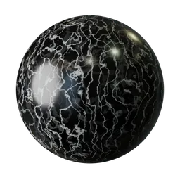 High-gloss dark marble PBR texture with intricate white veining for 3D Blender material library.
