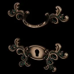 "Vintage Bronze Handle Set for Dressers and Drawers in 3D Render - High Detail, Rococo Style, Copper and Deep Teal Mood, Compatible with Blender 3D."
