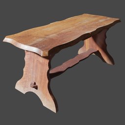 "3D model of a wooden coffee table in colonial style with a textured base, rendered with Renderman for Blender 3D. Inspired by André Lhote, this video game asset features a wooden bench top, stone slab and intarsia details. Perfect for adding a touch of sophistication to any virtual interior design project."