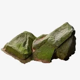 "Forest Rock Pack Part 1.1 for Blender 3D - 2 large rocks covered in moss on white surface. Low polygon effect, inspired by John Brown Abercromby. Realistic body shape, perfect for leaf forest environments."