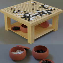 "19x19 Go Board table with black and white stones set in bowls underneath, designed for use while seated on the floor. Rendered with raytracing in Blender 3D by Nōami and inspired by Bencho Obreshkov, featuring a smooth surface and game in-progress."