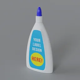 "Customizable plastic glue bottle 3D model with realistic rendering and cream-blue color scheme, perfect for product view. Includes customizable label and features liquid glue spots. Ideal for use in Blender 3D software."