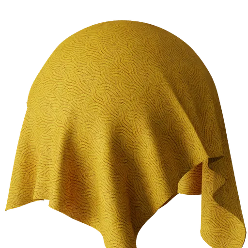 Golden yellow PBR fabric material texture for 3D artists and Blender users, showcasing detailed weave and realistic cloth appearance.
