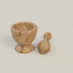 Realistic wooden 3D mortar and pestle model, high-detail digital render for Blender 3D artists.